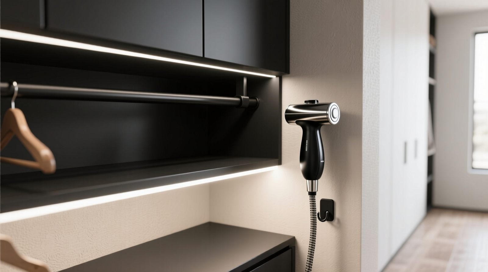 A minimalist closet corner showing a matte-black collapsible steamer arm extending from a recessed cabinet, with a stainless steel steamer head, integrated hook for hanging garments, and subtle LED task light beneath the arm