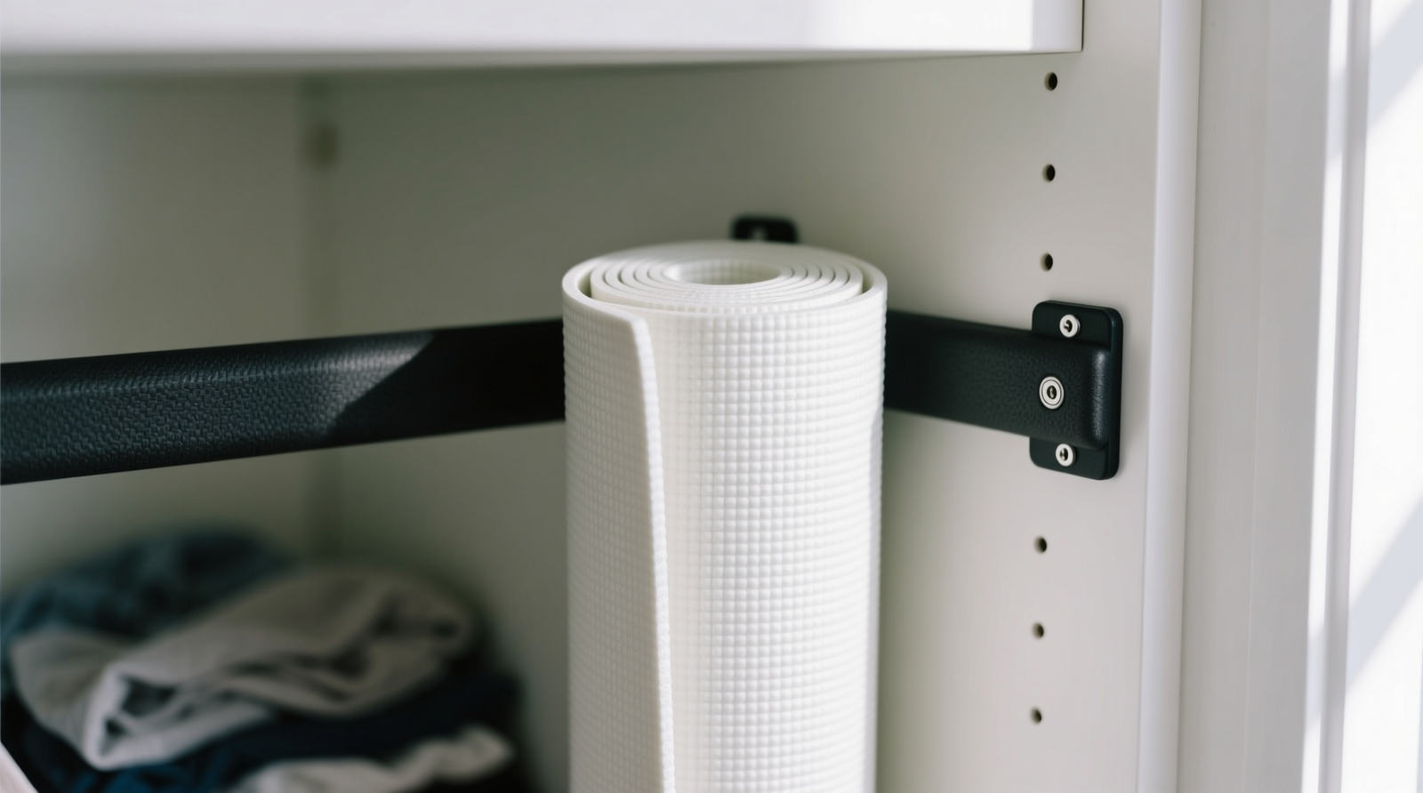 Close-up of three yoga mats hung vertically on a white tension-mounted rod inside a narrow, light-wood closet; each mat rests on a wide, charcoal-gray ventilated hanger with visible airflow gaps between them