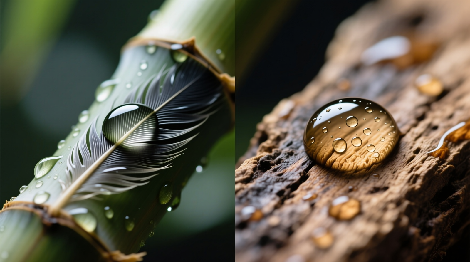 Side-by-side macro photography of water droplets on bamboo versus reclaimed oak surfaces: bamboo shows immediate darkening and spreading; oak retains bead shape with minimal edge diffusion after 60 seconds