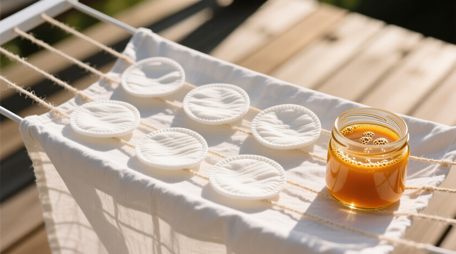 A flat white linen drying rack holding six off-white reusable cotton pads arranged in a single layer under bright midday sun; beside it, a small amber glass jar contains golden-orange fermented turmeric liquid with visible gentle bubbles at the surface