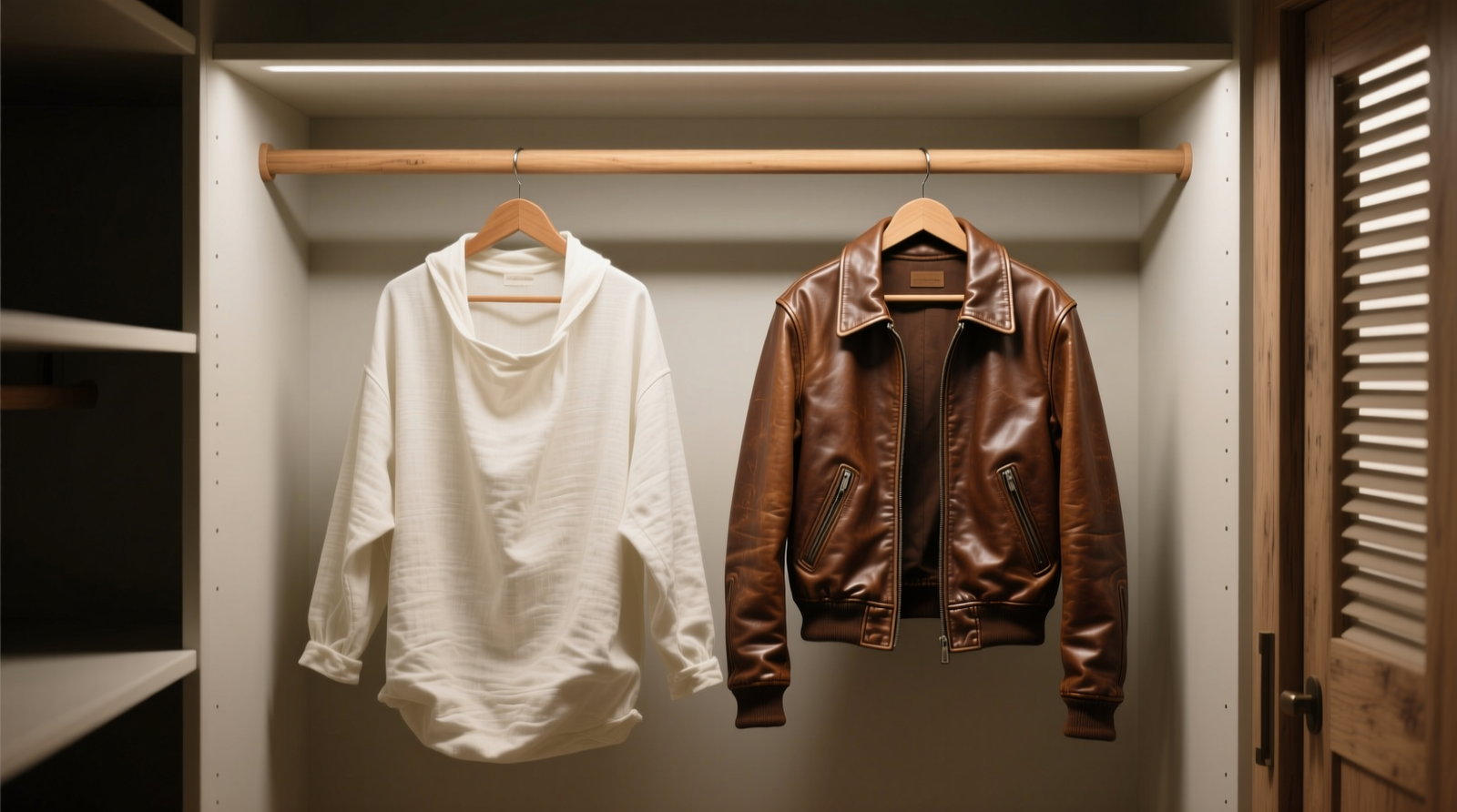 Two leather jackets hanging side-by-side on wide, padded wooden hangers inside a well-ventilated closet; one covered in a loose, off-white cotton garment bag, the other uncovered but spaced apart; background shows consistent spacing, no direct light, and visible ventilation slats in the closet door