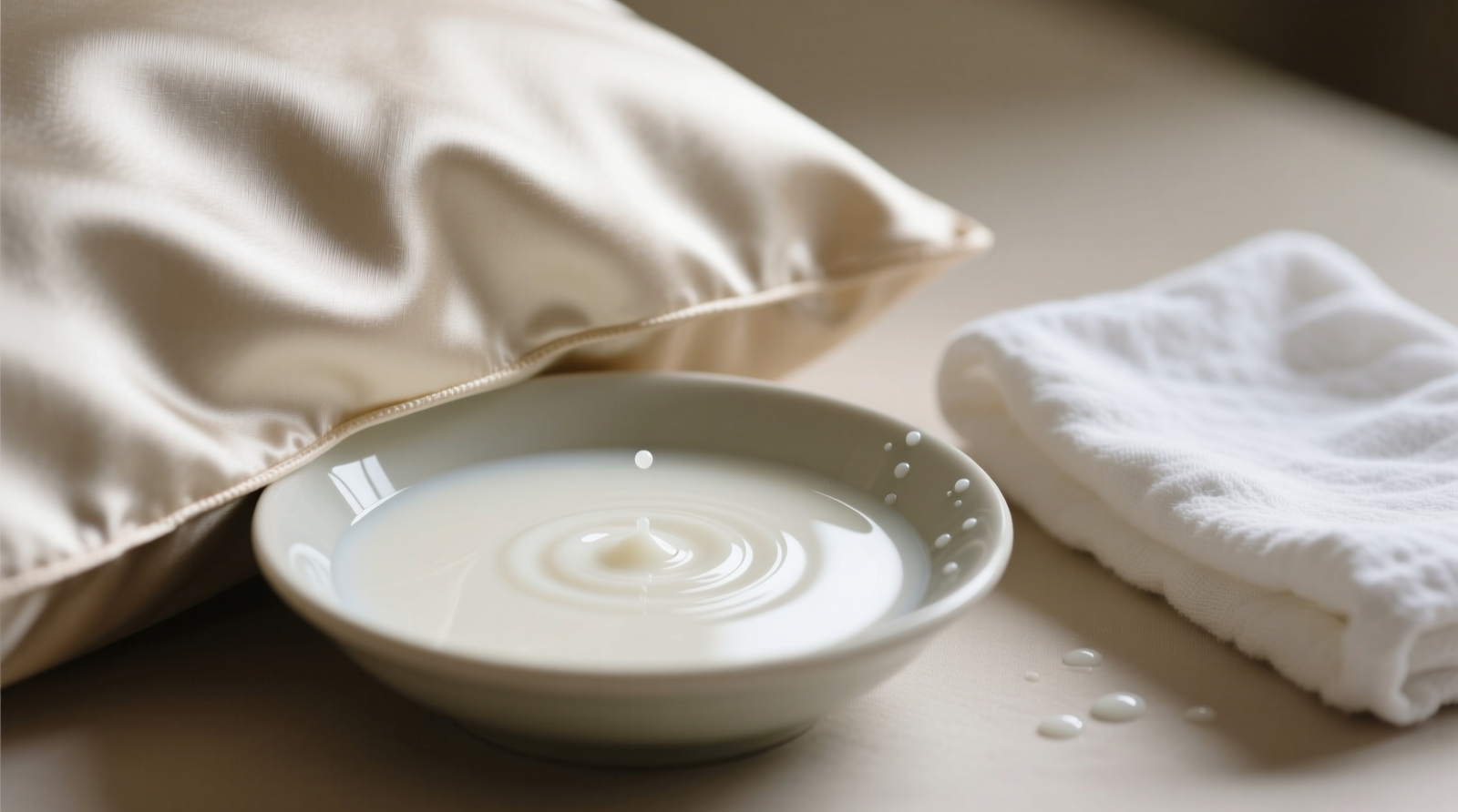 Close-up of a silk pillowcase corner submerged in a shallow dish of opaque, chilled whole milk, with a folded white cotton cloth resting beside it—demonstrating precise localized treatment and gentle blotting posture