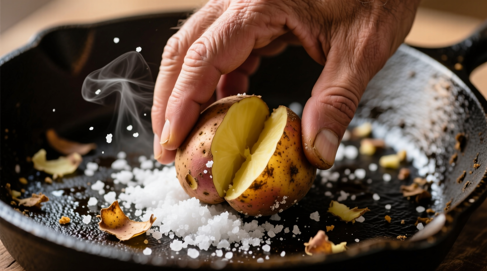 Close-up photo of a hand rubbing a halved russet potato—skin side down—over a cast iron skillet surface dusted with coarse sea salt, with visible food residue lifting away