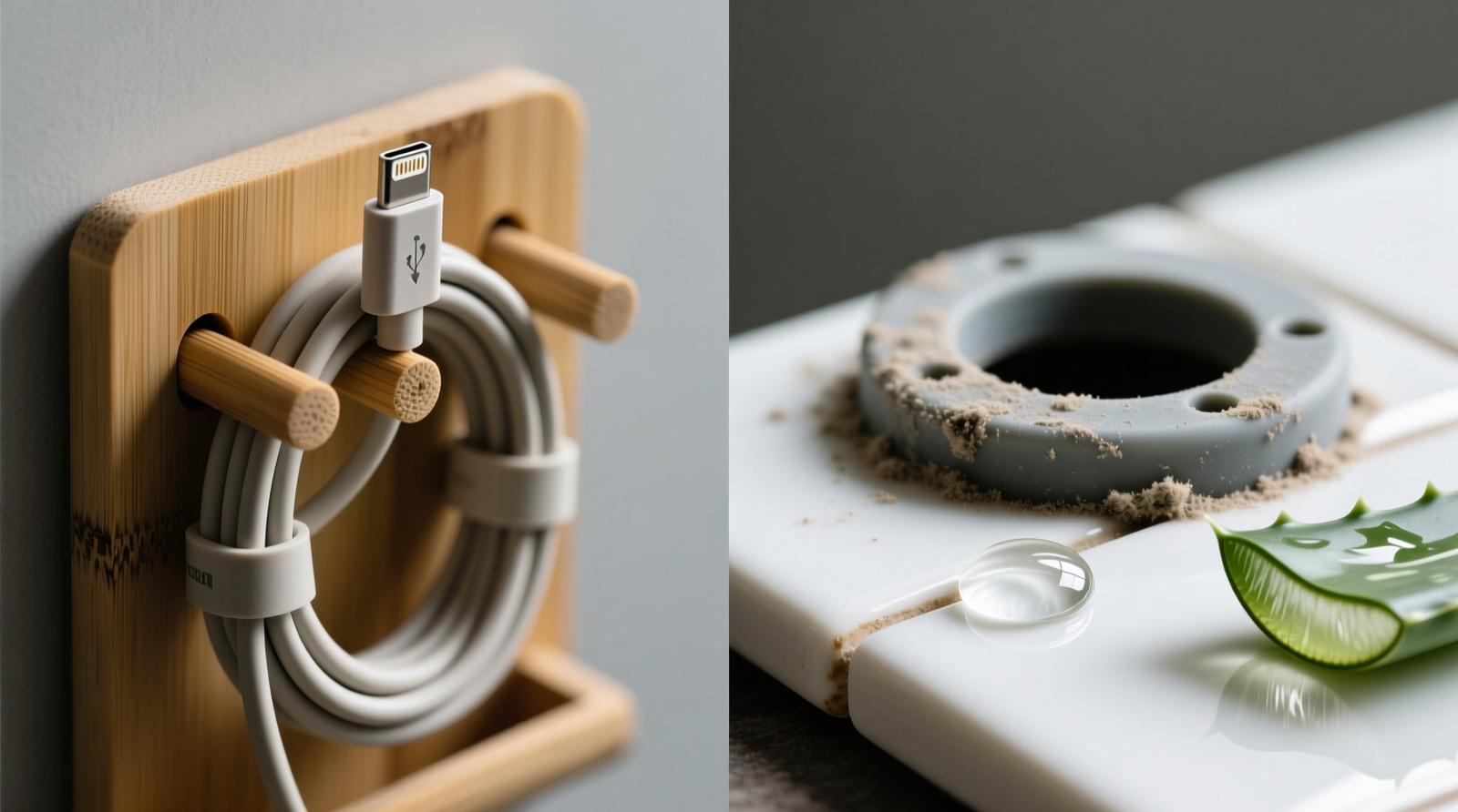 Side-by-side close-up: left shows a clean, matte-finish bamboo-fiber cable organizer holding a coiled USB-C cable; right shows a silicone dock with visible grayish dust rings around its edges and embedded in crevices, next to a droplet of dried aloe gel on a ceramic tile