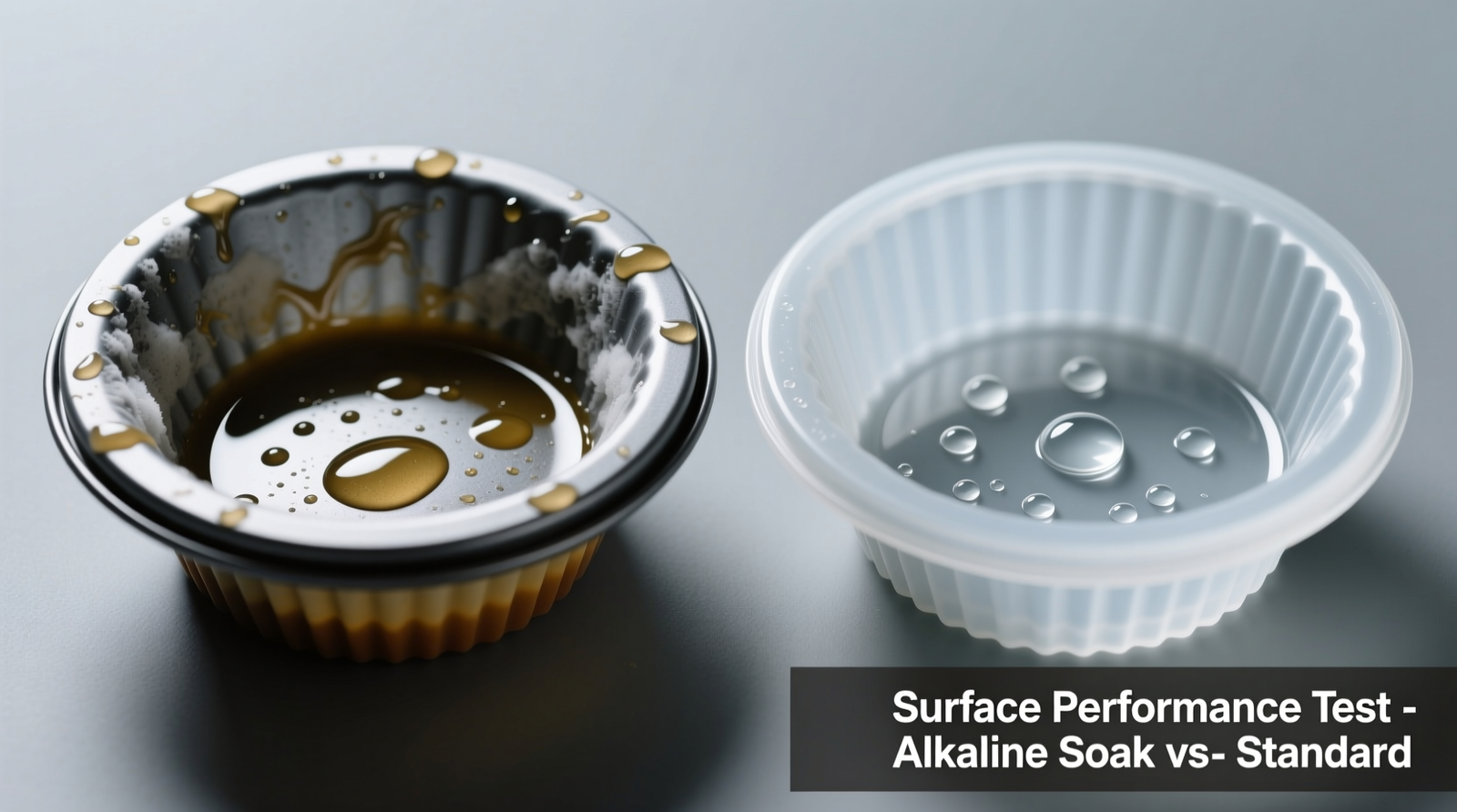 Close-up photo of two identical silicone muffin trays side-by-side: left shows cloudy, oily-filmed surface under angled light; right shows crystal-clear, bead-resistant surface after alkaline water soak and air-drying