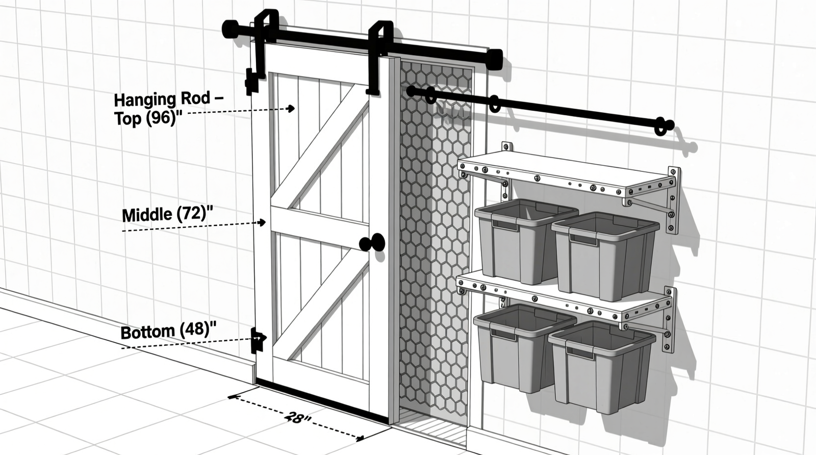 Cross-section diagram showing barn door with 2-inch floor gap, perforated metal backing, labeled hanging rods at three heights, and open-front bins on adjustable shelves