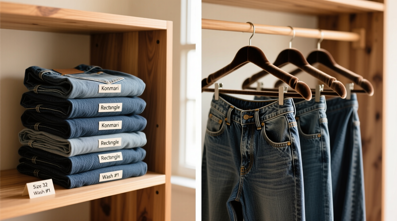 Side-by-side comparison: left shows five identical raw denim jeans folded using the KonMari rectangle method in labeled, staggered stacks on a cedar-lined shelf; right shows same jeans hung on velvet hangers with visible waistband distortion and uneven hem alignment