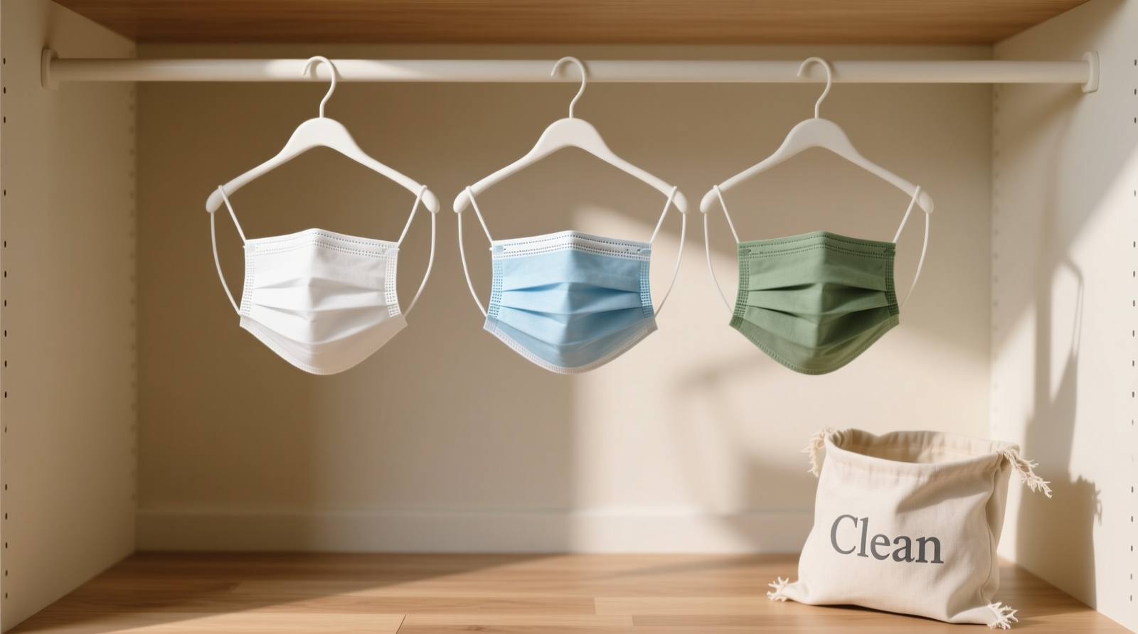 A minimalist closet shelf with two labeled cotton drawstring bags: one marked 'CLEAN MASKS' containing folded cotton masks, the other 'DIRTY FOR WASH' with a single used mask; a small alcohol wipe and microfiber cloth sit beside them on a wiped wooden surface