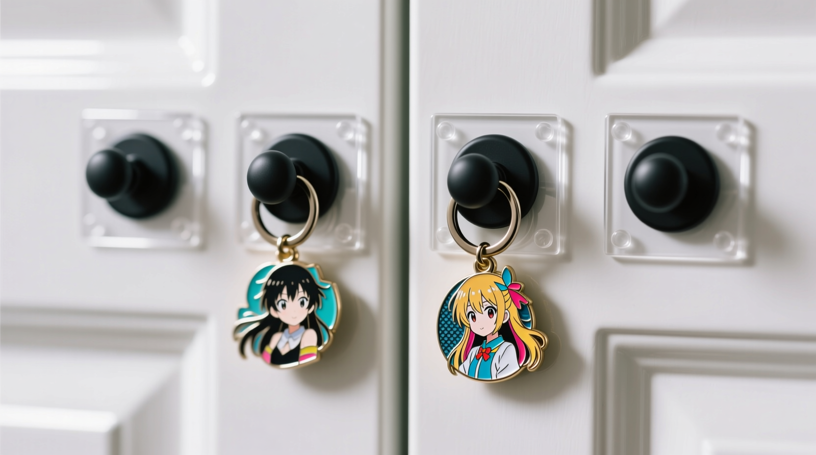 Close-up photo showing four matte black micro-suction cup hooks securely attached to a white thermofoil closet door via transparent static-cling squares, each holding one enamel anime pin or miniature keychain—no visible gaps, warping, or discoloration around attachment points