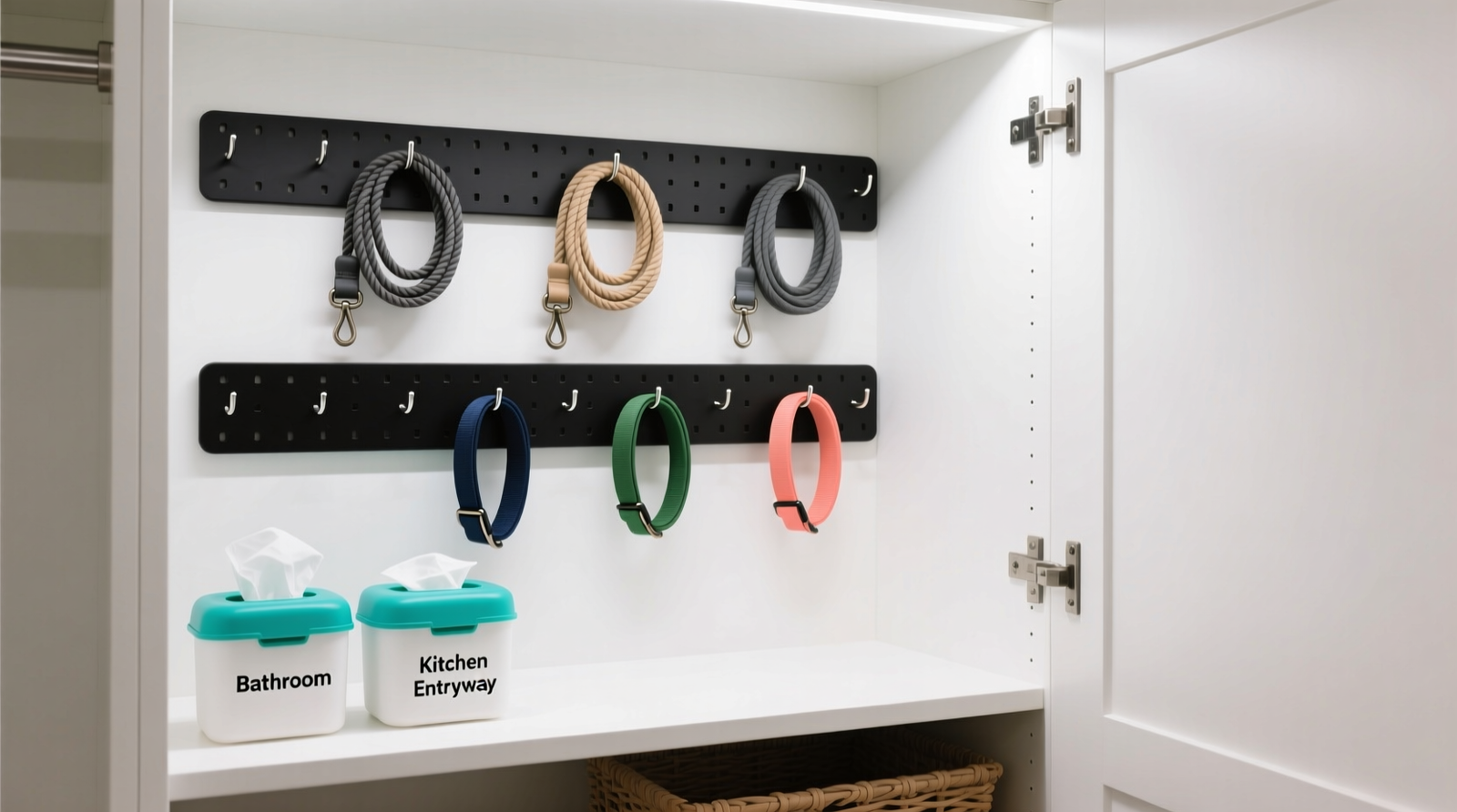 A narrow reach-in closet with three clearly labeled vertical zones: a magnetic strip holding four collars at eye level, a wall-mounted coil-and-clamp rail for leashes mid-height, and ventilated lidded bins stacked on the floor holding upright lint rollers and folded microfiber cloths. All surfaces are fur-free and uncluttered.