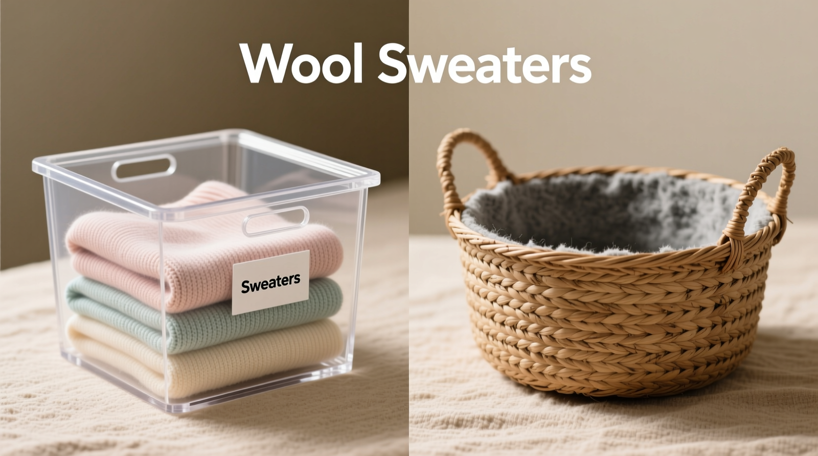 Side-by-side comparison: left panel shows clear acrylic drawer with crisp label and zero visible dust; right panel shows woven seagrass basket with fine gray dust layer embedded in weave texture, under identical lighting and shelf placement