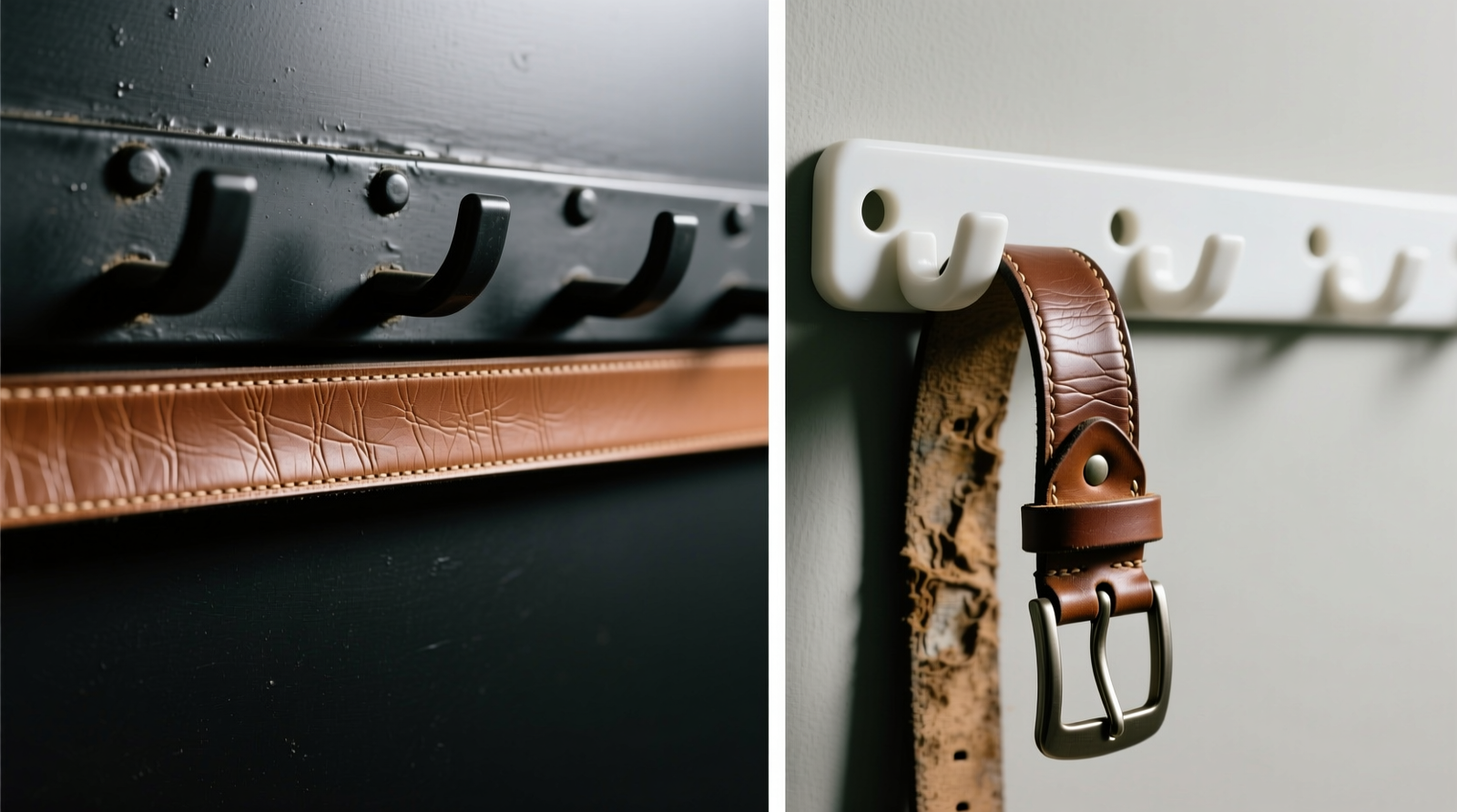 Side-by-side photo: left shows full-grain leather belt perfectly straight on a matte-black steel wall mount with wide padded hooks; right shows identical belt visibly warped at the tongue after six months on a white plastic over-the-door loop strip