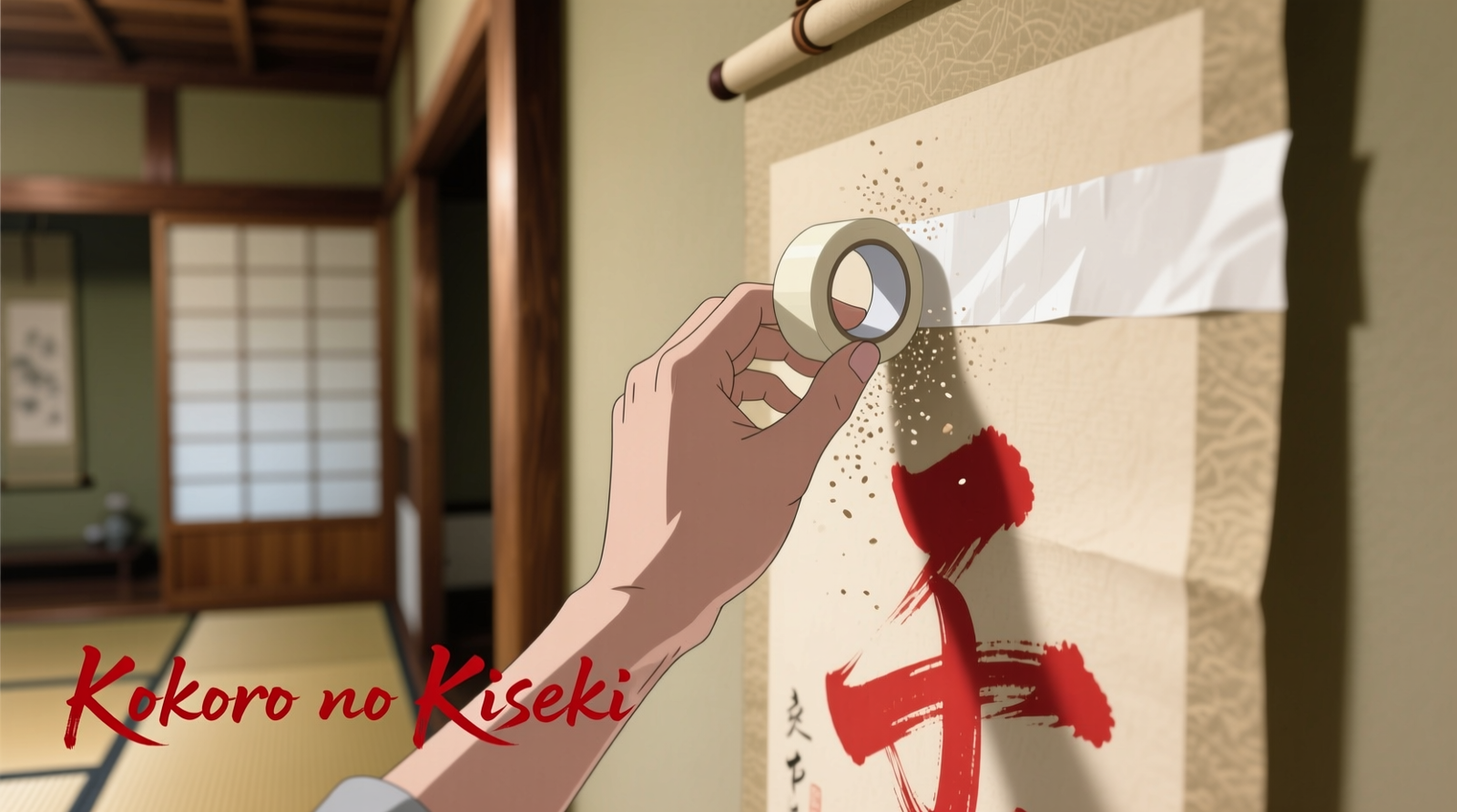 Close-up of a vintage anime wall scroll mounted on a vacuum suction table, with a conservator using a dampened shinshi cloth held 2 mm above the surface—dust particles visibly lifting in vertical columns under controlled lighting
