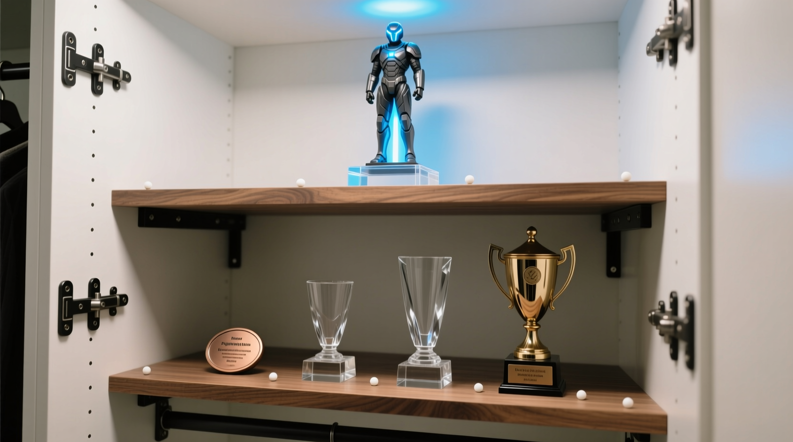 Close-up of adjustable depth brackets mounted inside a white closet, holding three staggered plywood shelves displaying gaming trophies of varying heights—small bronze plaques on the lowest shelf, mid-height glass trophies on the middle, and a tall illuminated statue on the deepest top shelf. All items are secured with discreet museum putty dots.