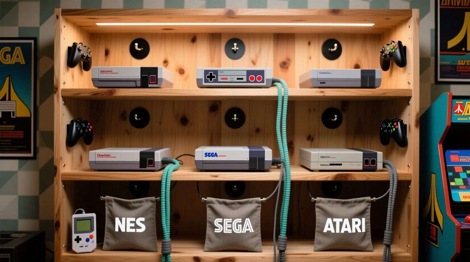 A well-organized closet cubby system showing three retro consoles laid flat inside breathable canvas bins, spaced evenly with visible airflow gaps, silica gel packets visible at bin corners, and no stacking or obstruction of ventilation grilles.