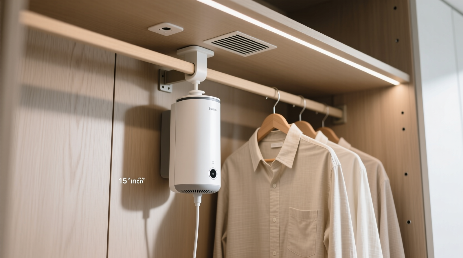 A minimalist closet interior showing a portable steamer mounted vertically on a wall bracket with 15-inch clearance from hanging linen-blend shirts; a small vent grille visible near the top shelf; no visible cords or moisture residue