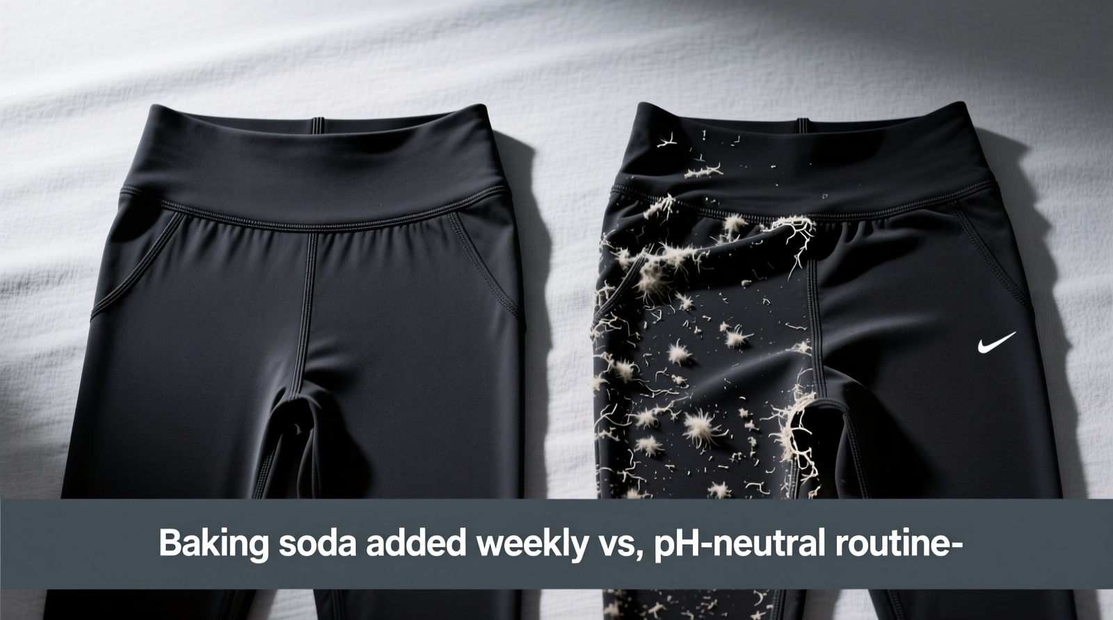 Close-up photo of two identical pairs of black athletic leggings side-by-side: one retains shape and seam integrity after 20 gentle washes; the other shows visible waistband sag, distorted stitching, and pilling—labeled 'Baking soda added weekly vs. pH-neutral routine'