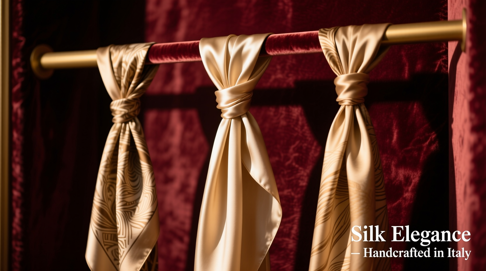 Close-up of three silk scarves hung vertically on a velvet-padded, wide-bar organizer—each scarf suspended freely with visible air gap between them, no overlapping or folding