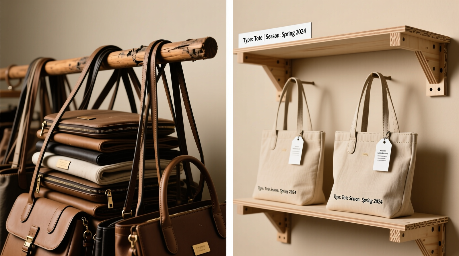 Side-by-side comparison: left shows neatly stacked handbags on a sagging dowel rod with visible handle distortion; right shows identical bags standing upright on adjustable plywood shelves with labeled vinyl tags indicating bag type and season