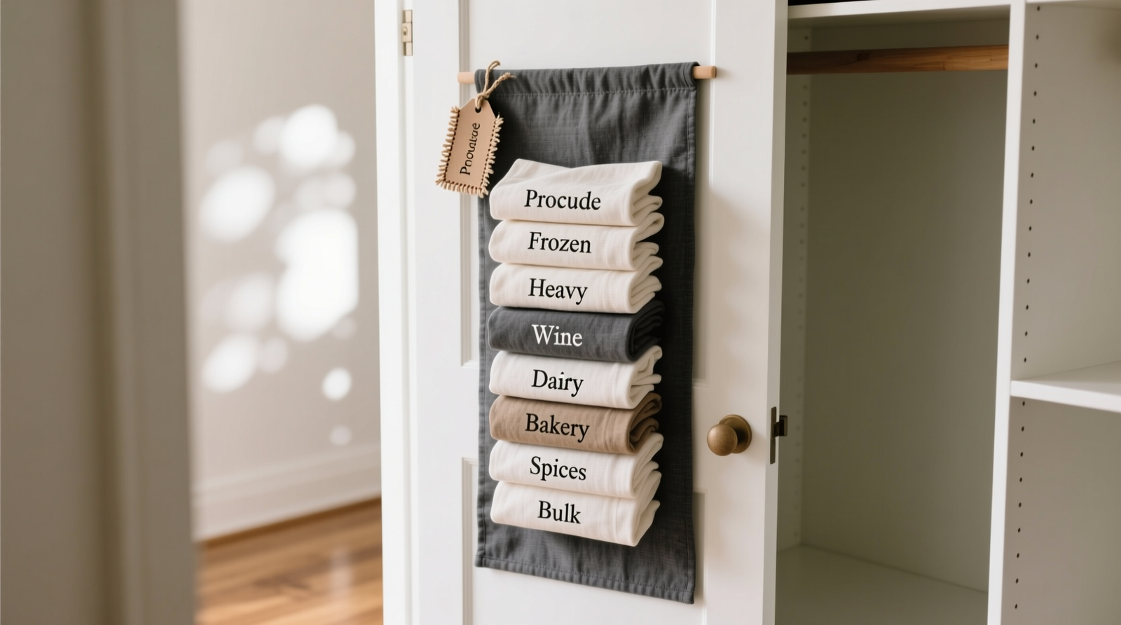 Close-up of a white closet interior with a charcoal-gray fabric sleeve mounted vertically on the inside of the door, holding eight neatly folded reusable grocery bags in uniform rectangles—each labeled with small woven tags: 'Produce', 'Frozen', 'Heavy', 'Wine', etc.