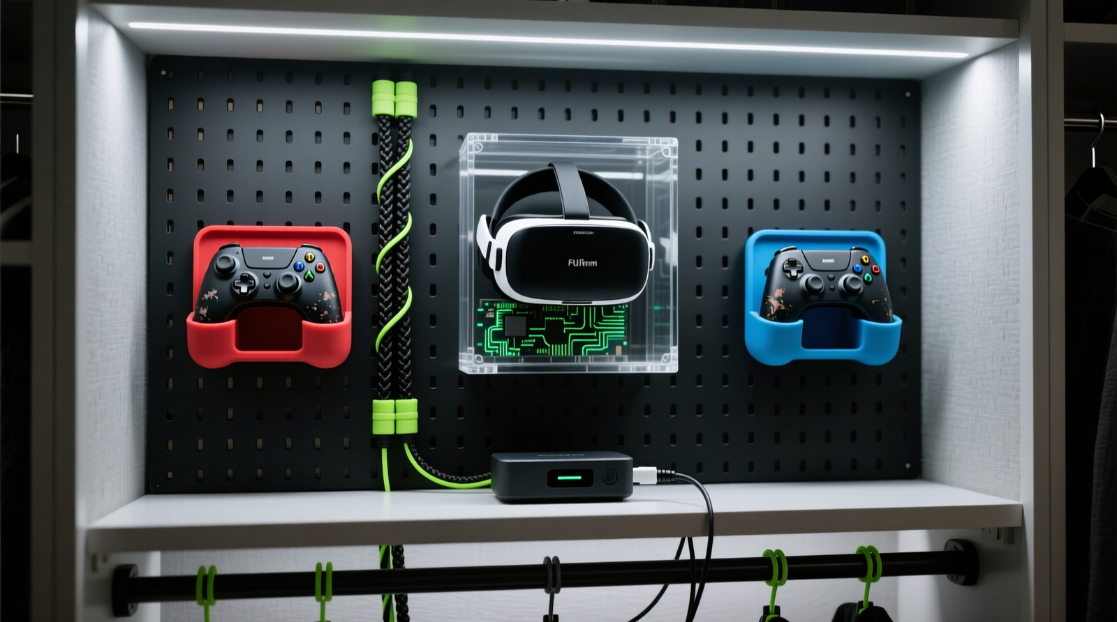 A 24-inch-wide gaming closet niche featuring a matte-black pegboard with color-coded silicone cradles holding two VR controllers, labeled braided cable sleeves running vertically to a low-shelf charging dock, and an upright VR headset in a clear acrylic case with ventilation grilles