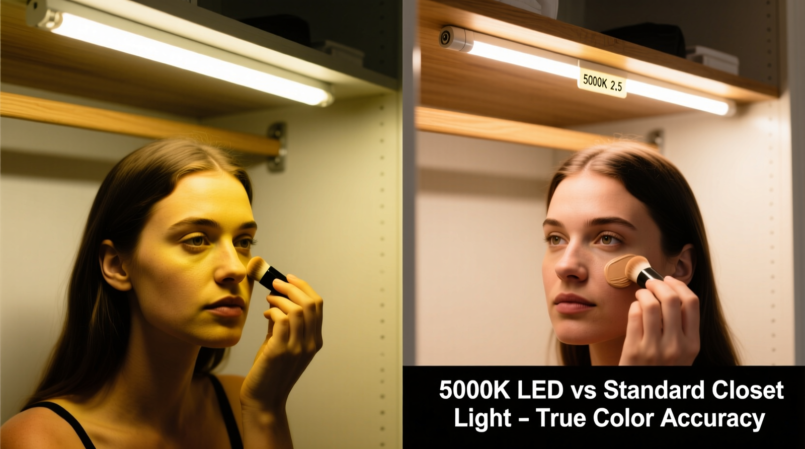 Side-by-side comparison: A person applying foundation under standard overhead closet lighting (harsh shadows, yellow tint) versus identical setup with warm-dimmable 5000K LED strip mounted 2.5 inches below top shelf (even facial illumination, true-to-skin color rendering)