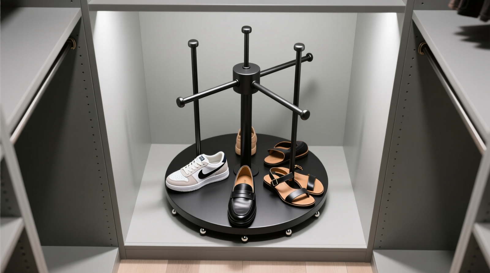 Overhead view of a compact 16-inch rotating shoe carousel installed inside a standard closet, showing three vertical dowel rods holding sneakers, loafers, and sandals—each pair fully visible and accessible without reaching past others. The base is flush with the closet floor, and the entire unit fits cleanly within marked 17.5-inch depth boundaries.