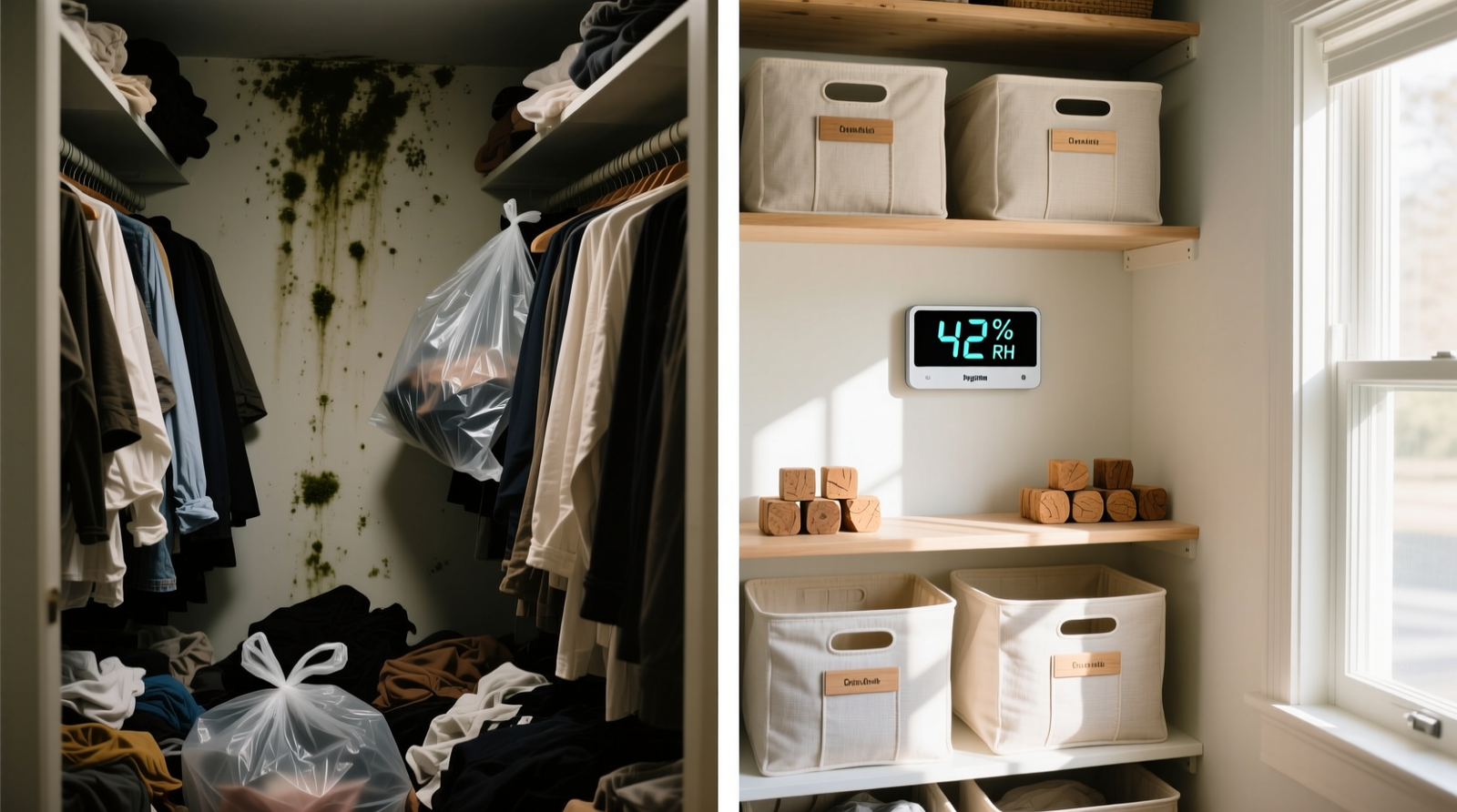 Side-by-side comparison: left side shows a cluttered closet with visible moisture stains and plastic garment bags; right side displays the same closet post-reset—organized with breathable cotton bins, labeled cedar blocks, a wall-mounted hygrometer reading 42% RH, and no visible scent devices.