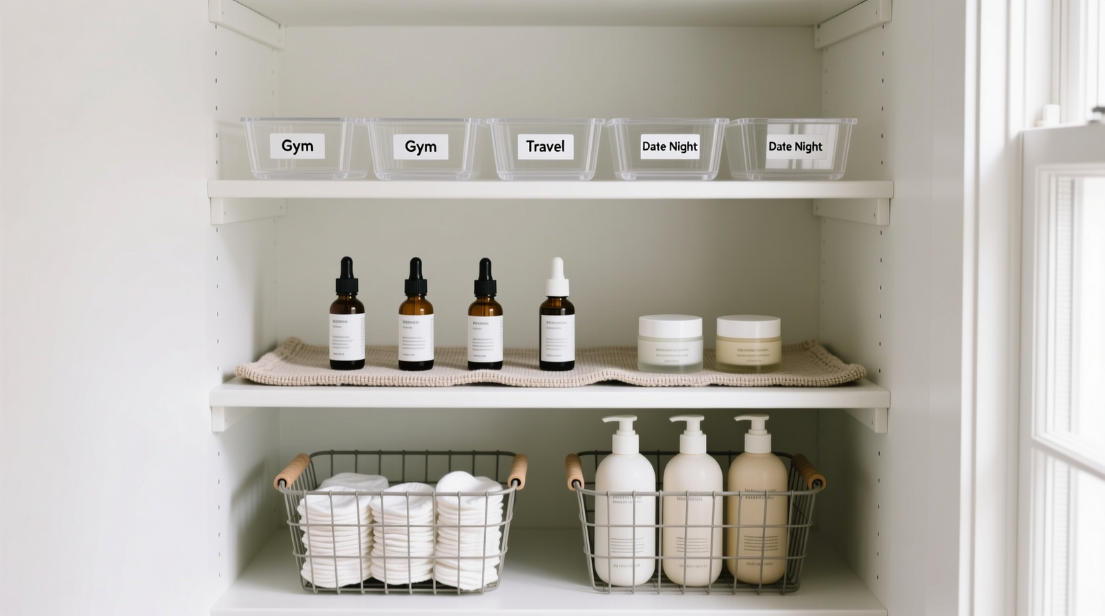 A narrow 14-inch-deep linen closet with three clearly differentiated tiers: top tier holds six uniform acrylic trays labeled 'Gym', 'Travel', 'Date Night'; middle tier displays five upright serum bottles and two moisturizer jars on a non-slip liner; bottom tier contains two wire baskets—one with folded cotton pads, one with full-size shampoo bottles—all within easy reach and fully visible.