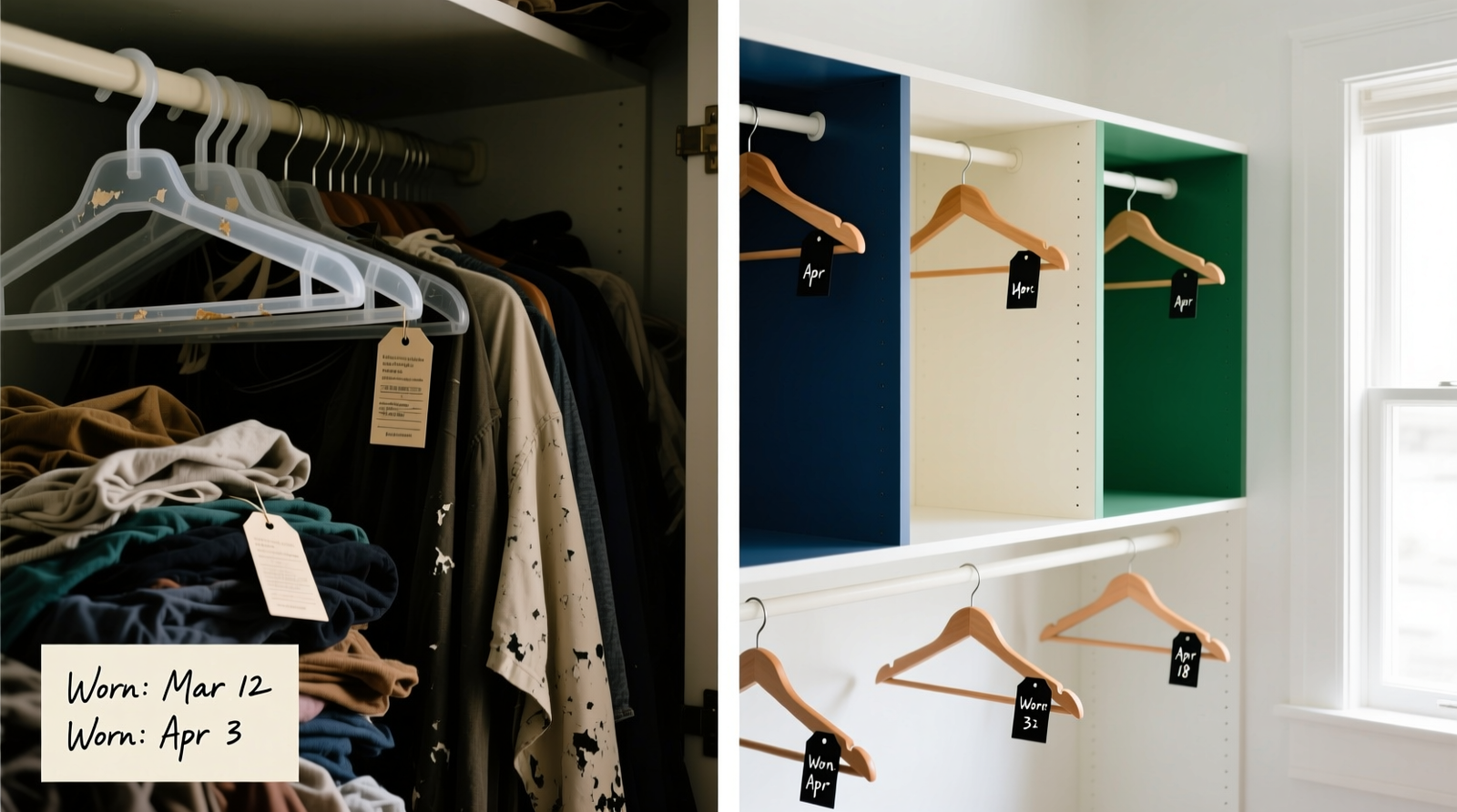 Side-by-side comparison: left side shows a cluttered closet with tangled hangers and faded labels; right side shows a streamlined closet with color-blocked sections, uniform hangers, and small handwritten tags indicating 'Worn: Mar 12, Apr 3, Apr 18'