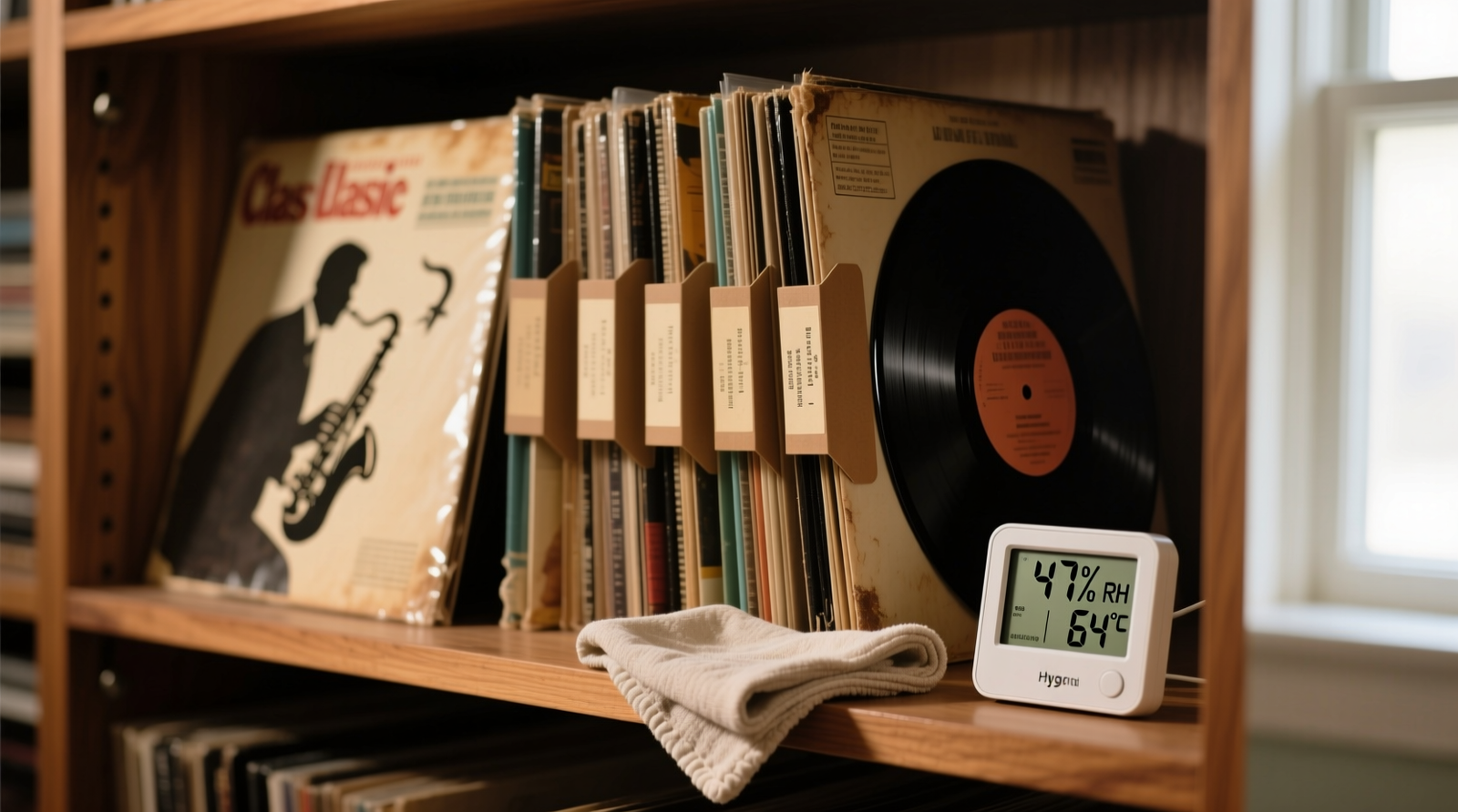 Close-up of vinyl record sleeves standing upright on a ventilated wooden shelf, each separated by 1-inch gaps, with a digital hygrometer visible on the top shelf