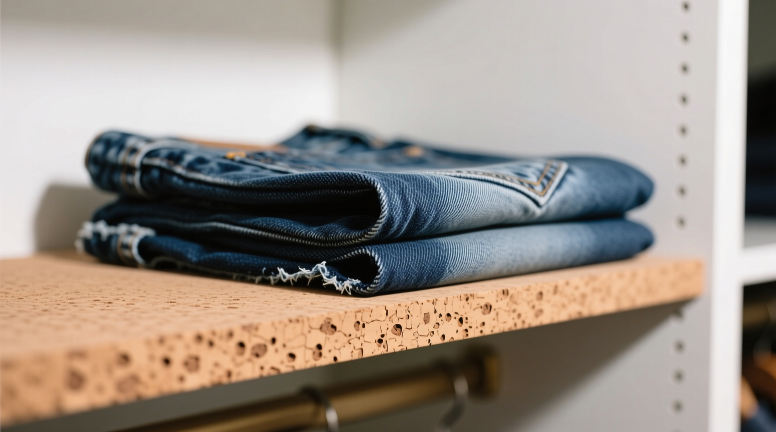 Close-up of heavyweight raw denim folded neatly on a matte-finish cork shelf divider, showing no creasing or slippage; background shows minimalist white closet with visible grain texture in cork