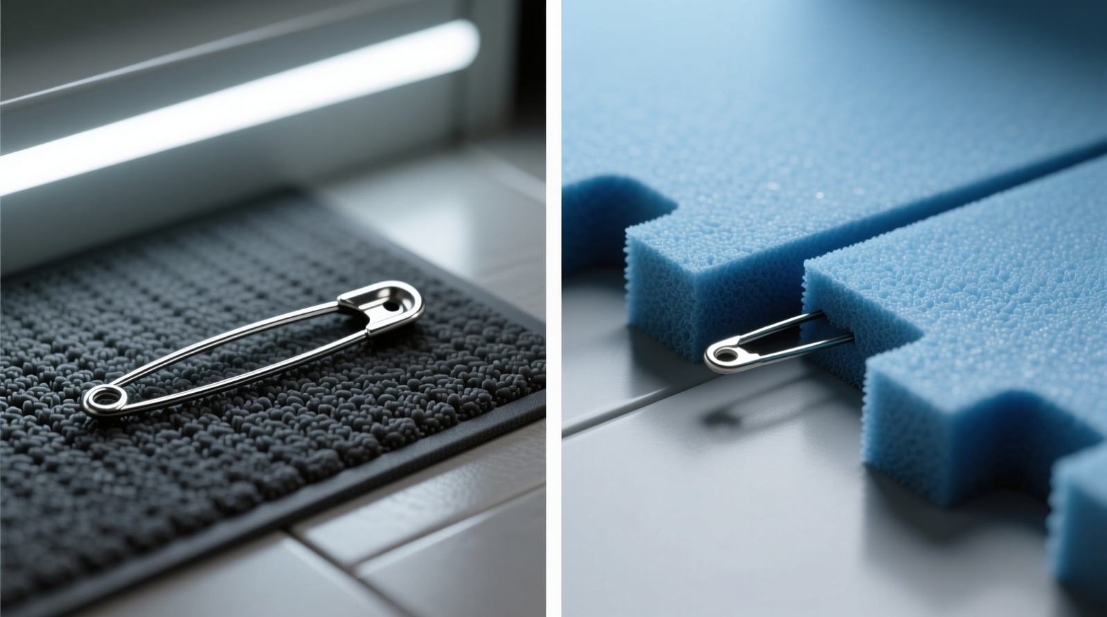 Side-by-side comparison: a stainless steel bobby pin clearly visible on a charcoal rubber-backed closet floor mat versus completely obscured in the seam between two blue interlocking foam tiles, lit under consistent LED lighting
