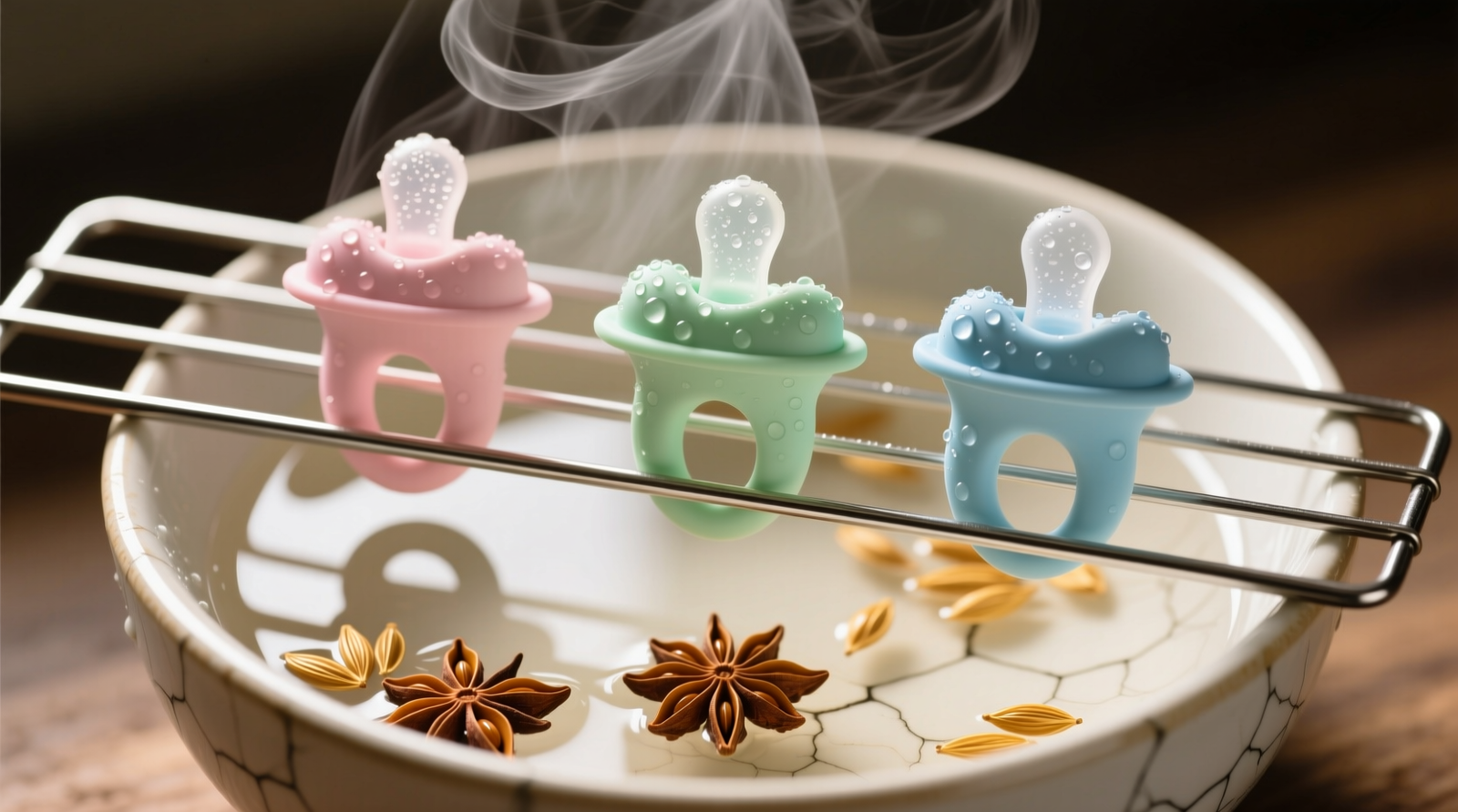 Overhead photo of a stainless steel cooling rack suspended above a ceramic bowl of steaming water infused with golden-brown fennel seeds; three pastel silicone baby teethers stand upright on the rack, lightly misted with condensation.