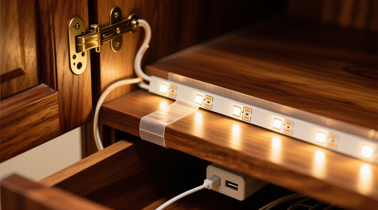 Close-up of warm-white LED strip precisely aligned along the upper interior back edge of a walnut armoire, secured with translucent double-sided tape; wiring routed invisibly behind the left door stile into a concealed USB driver in the lower drawer