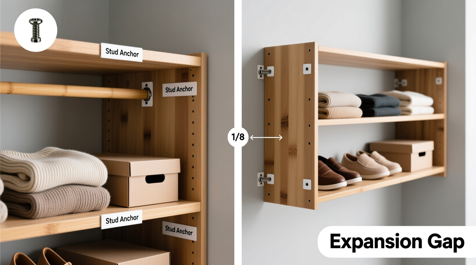 Side-by-side comparison showing properly installed bamboo-melamine hybrid closet shelving with visible expansion gaps, labeled stud anchors, and evenly distributed folded sweaters and shoe boxes—no sagging or bowing evident