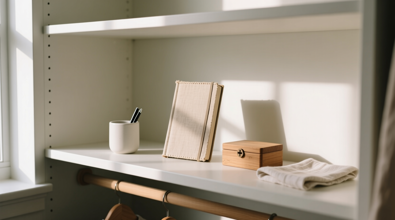 A well-lit closet interior showing a clean, open top shelf with three minimalist containers: a matte white ceramic pen cup, a linen-bound notebook standing upright, and a small unlabeled wooden box beside a single folded cotton handkerchief. No labels, no logos, no medical imagery—just quiet intention.