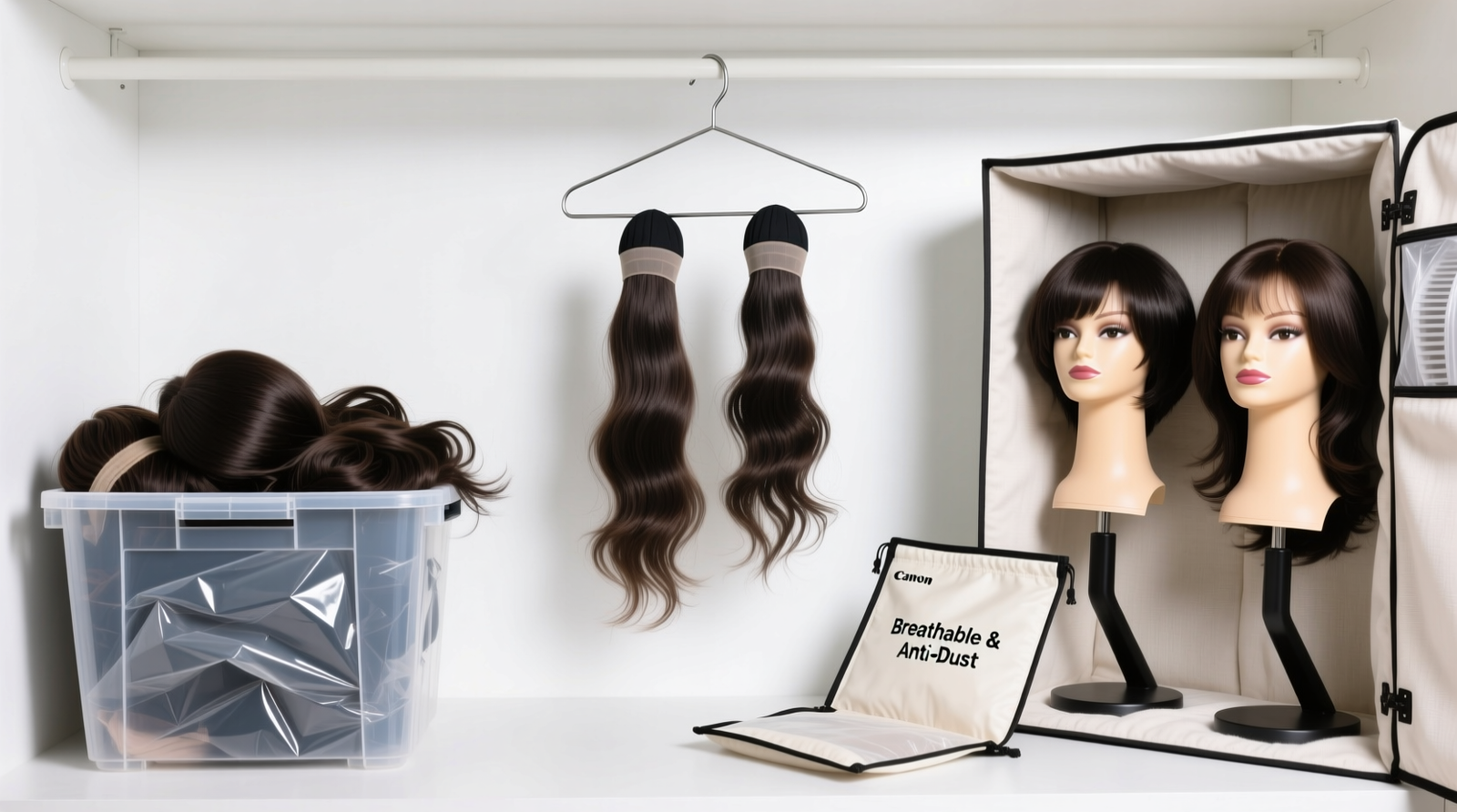Three side-by-side wig storage setups: left shows wigs crushed in a plastic bin with visible flattening; center shows wigs hung on bare metal hangers with stretched caps and frizzy ends; right shows wigs on padded, angled wig stands inside a ventilated cotton-lined closet compartment with labeled breathable bags nearby