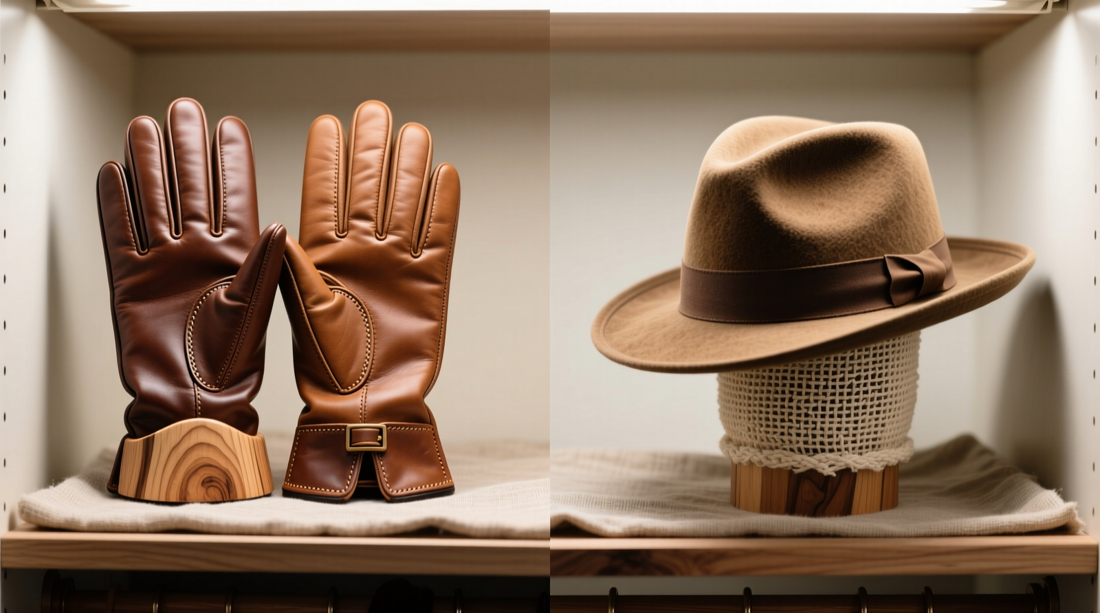 Side-by-side comparison: left shows leather gloves stretched on smooth beechwood forms with visible grain; right shows suede fedora mounted on open-weave cotton hat block, crown upright and brim gently curved, both placed inside a linen-lined cedar-free closet shelf