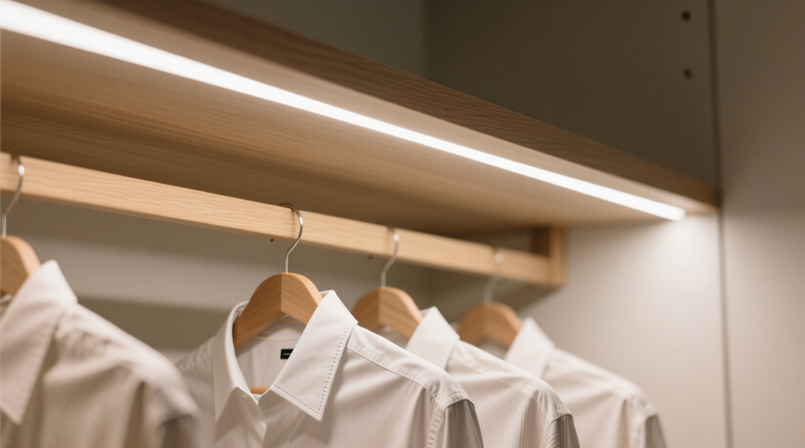 Close-up of warm-white LED strip mounted along top shelf rail of a minimalist closet, illuminating neatly hung shirts and visible texture of fabric folds without glare or shadow