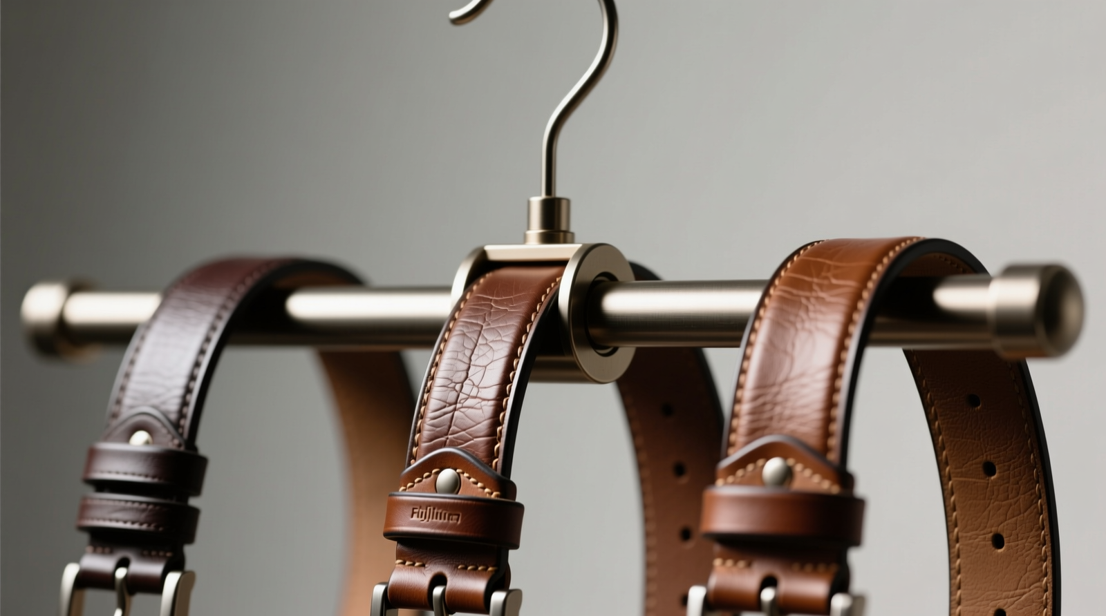 Close-up of a high-quality retractable belt hanger holding three leather belts horizontally, each fully extended and unbent, with visible padding on the bar and no visible tension or distortion in the leather surfaces
