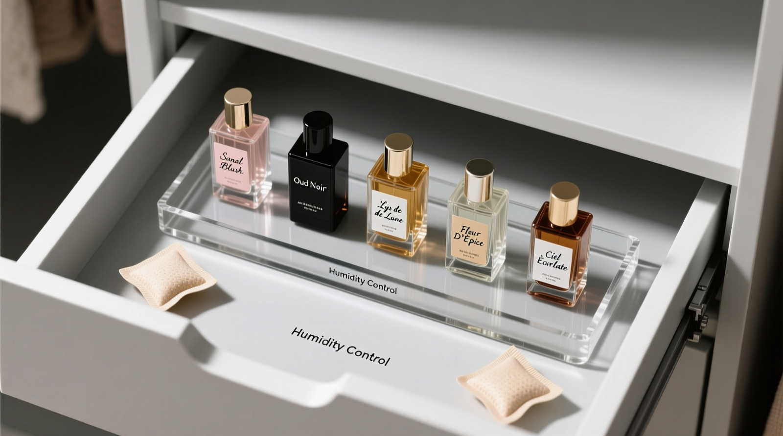 Overhead view of a custom closet drawer: gray-tinted acrylic insert fitted snugly over a removable tray holding six perfume bottles upright, with two beige silica-gel humidity buffers positioned at opposite corners beneath the insert