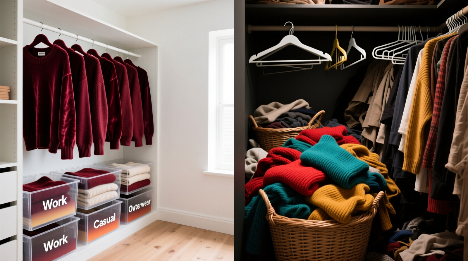 Side-by-side comparison: left shows a closet with uniform velvet hangers, vertical sweater stacks in shallow bins, and labeled zones for work/casual/outerwear; right shows a chaotic closet with mismatched hangers, overstuffed baskets, and color-blocked but inaccessible garments
