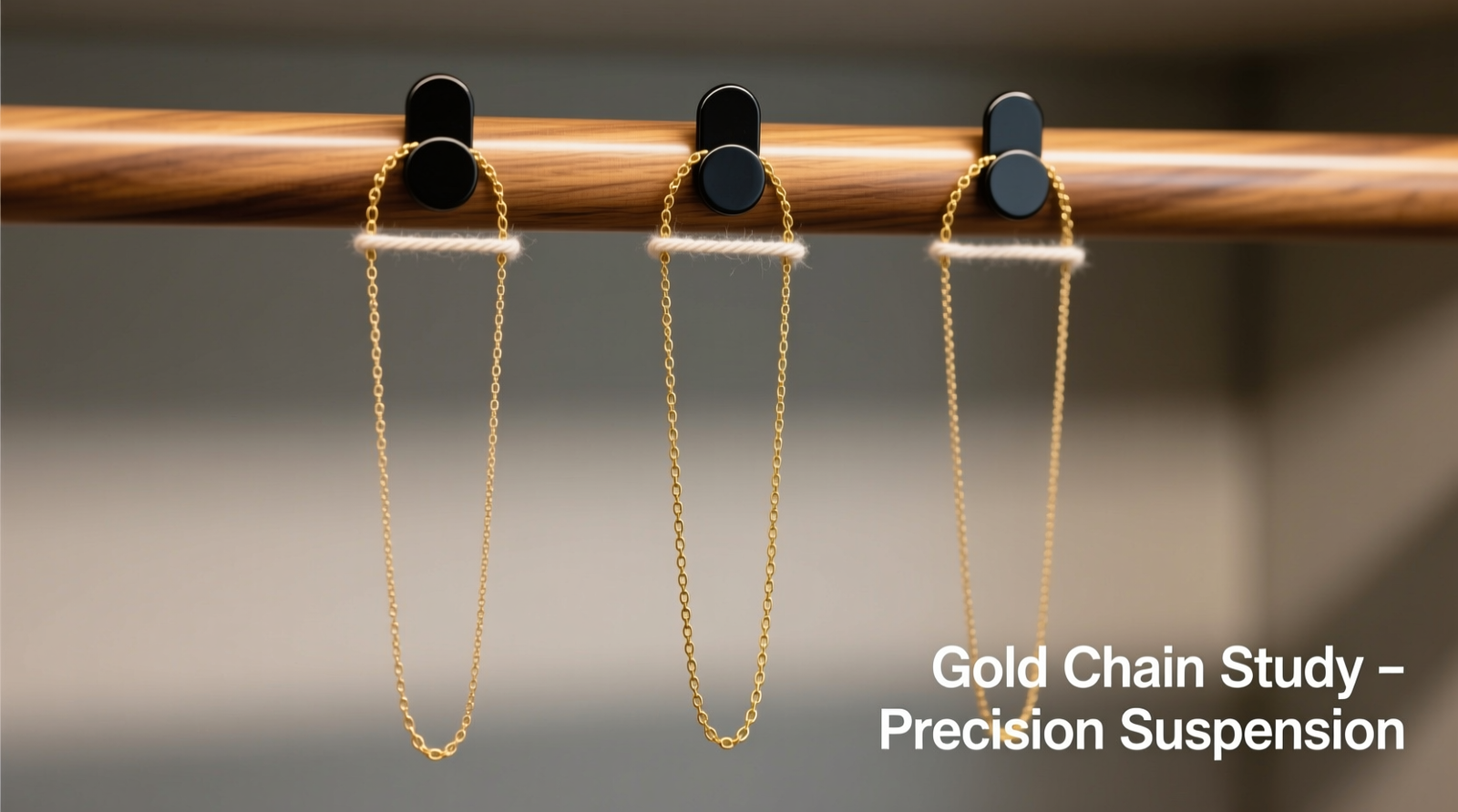 Close-up photo showing three slender gold necklaces hanging vertically from discreet black adhesive hooks mounted evenly beneath a polished wood closet rod; each necklace hangs straight with no contact between chains, and a faint cotton cord is visible threading through all clasps to maintain uniform spacing.