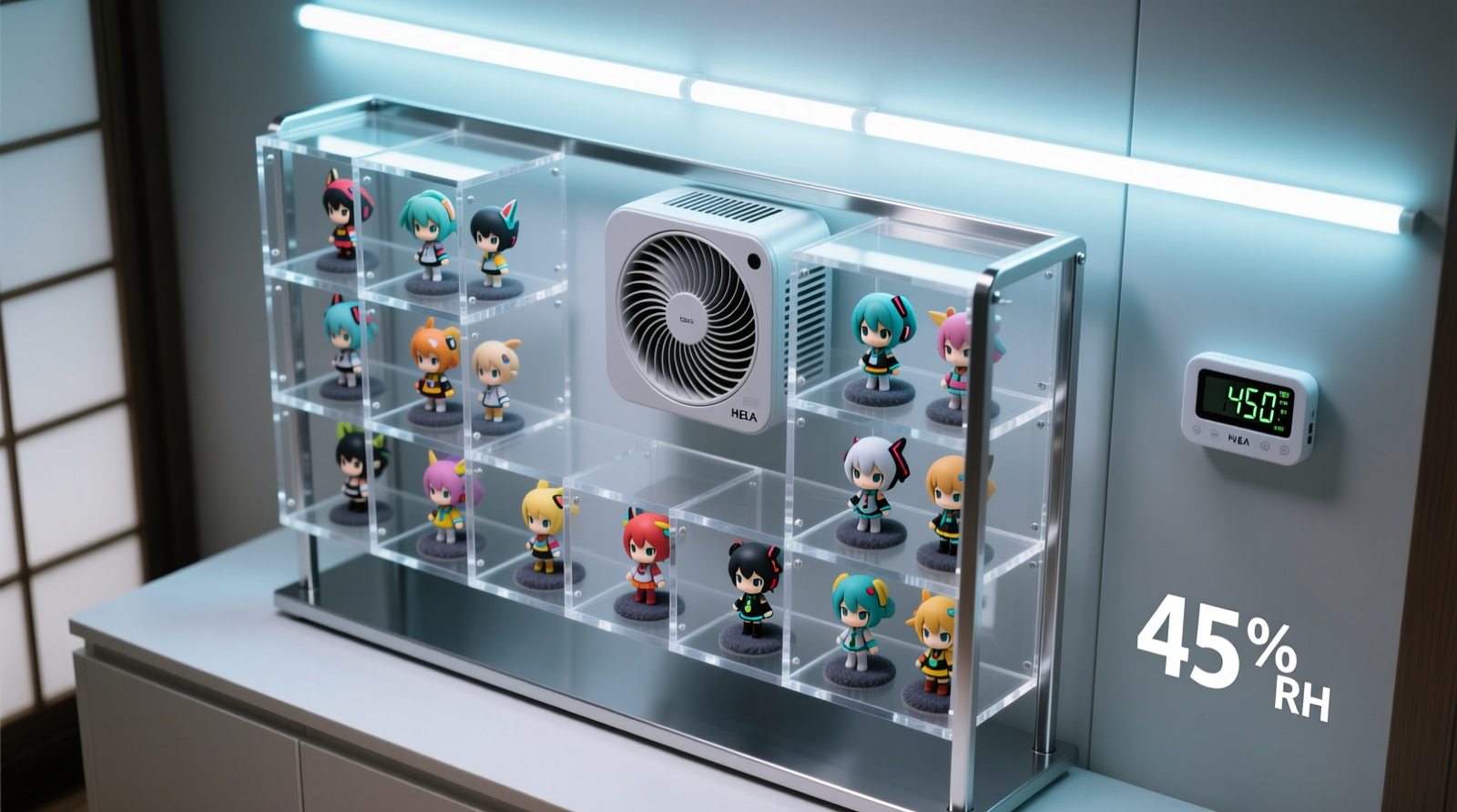 Top-down view of a modular acrylic anime display shelf with rear-mounted silent HEPA fan, grounded metal frame, and anti-static felt pads beneath neatly arranged figures—all under controlled ambient lighting with hygrometer visible on side
