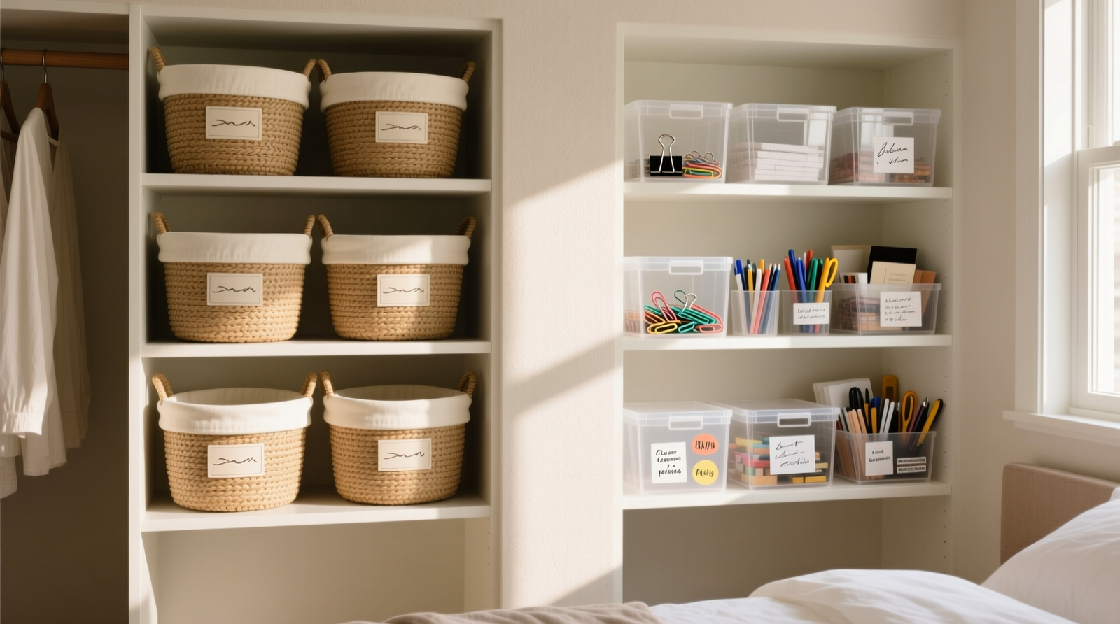 Side-by-side closet comparison: left side shows uniform rows of clear acrylic drawers with labeled fronts and visible folded t-shirts; right side shows mismatched seagrass baskets with lids partially open, some contents spilling, inconsistent stacking heights, and visible dust on basket rims