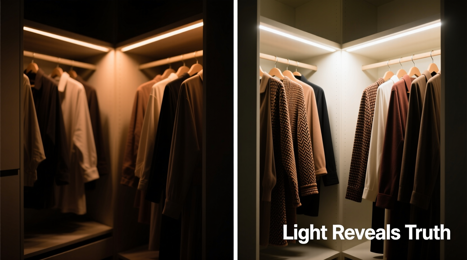 Side-by-side closet interior: left shows warm, shadowed space with indistinct clothing colors; right shows same closet bathed in cool, even 6500K light revealing clear fabric textures, color boundaries, and garment silhouettes