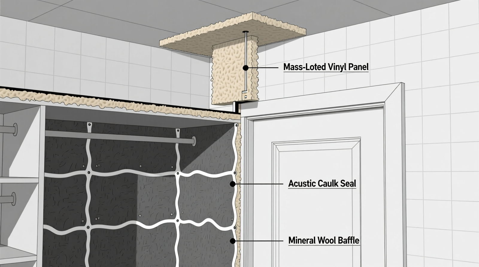 Close-up of a standard interior closet door with slim, matte-gray soundproofing panels mounted flush to the surface and frame, showing precise edge clearance and no visible fasteners—hanging rods remain fully accessible and unobstructed