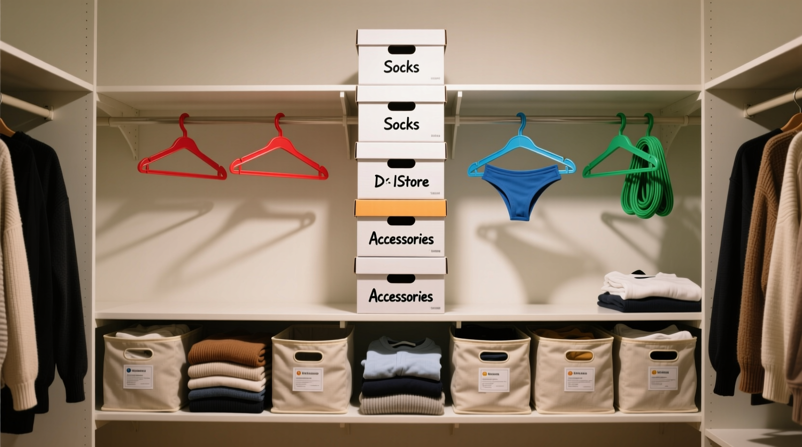 A well-lit closet showing labeled dollar store shoe boxes stacked vertically, plastic hangers aligned with color-coded rubber bands, and roll-up fabric bins holding folded sweaters and t-shirts—all arranged on standard-depth shelves with no modifications