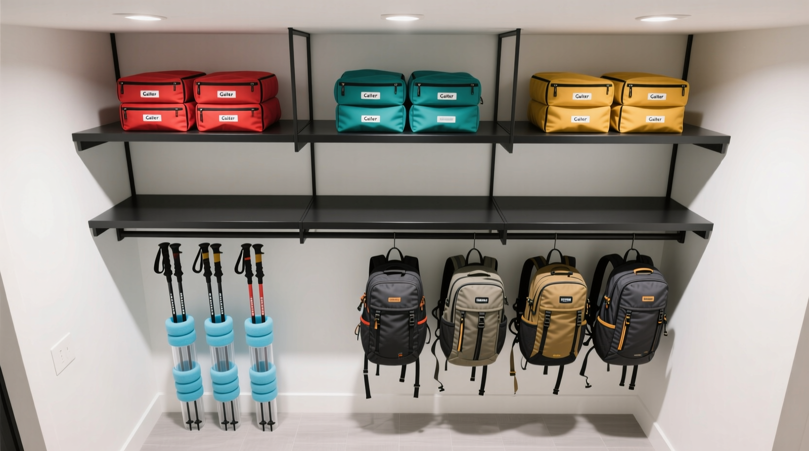 A utility closet section showing wall-mounted PVC pole rack (with color-coded labels), three slim hangers holding folded gaiters by season, and a labeled lidded bin containing trekking pole tips, carbide replacements, and microfiber cloths beneath